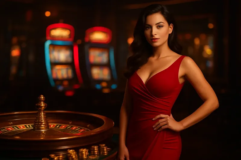 Elegant woman in red dress near roulette and slot machines in luxury Bangladesh casino with neon lights and gold coins