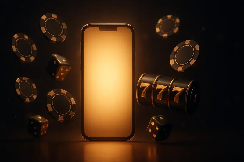Panoramic banner with glowing smartphone, floating casino chips, slot reels, dice, and gold accents